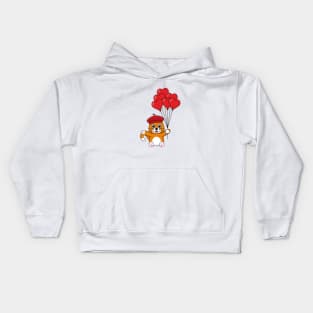 Cute Cat with Red Heart Balloons Kids Hoodie